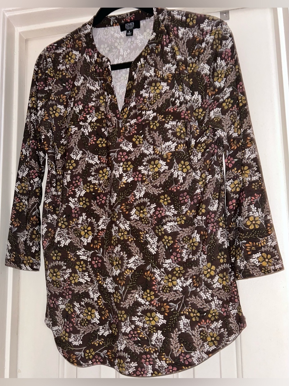 Jones New York Signature S Brown Floral Stretch Tunic Top Blouse